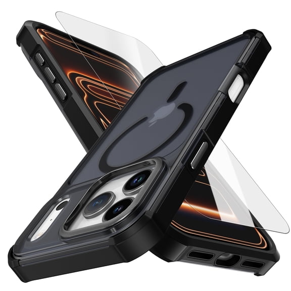 Dteck Magnetic Clear Case with Glass Screen Protector for iPhone 17 Pro Max, Shockproof Compatible with Magsafe Accessory Shockproof Translucent Matte Phone Cover, Black