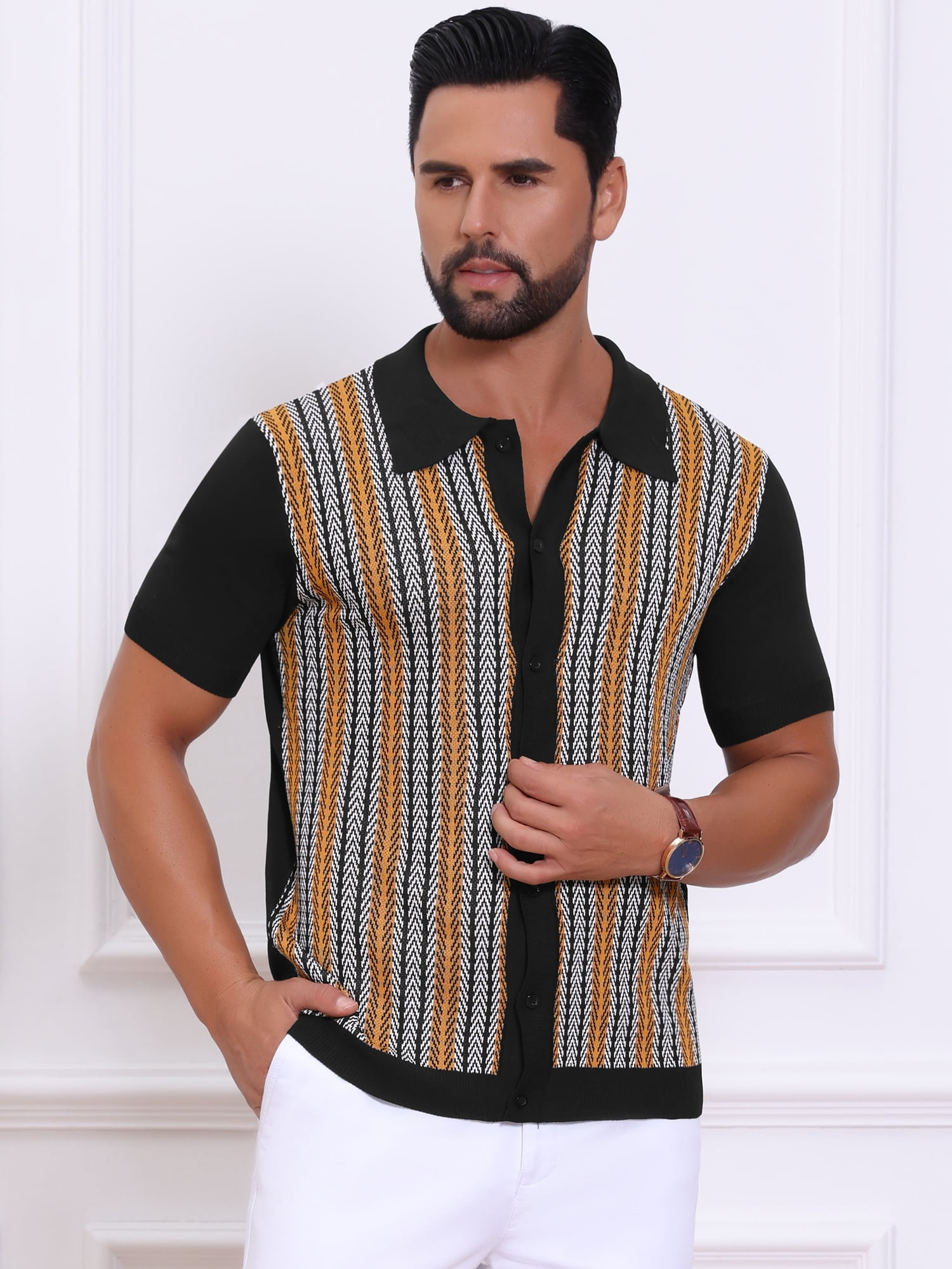 DARING DIVA Men's Striped Short Sleeves Button Down Jacquard Polo Shirts M Black
