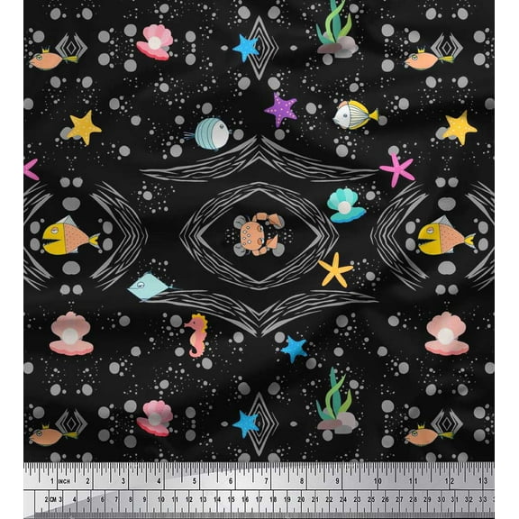 Soimoi Cotton Duck Fabric Fish,Shell & Starfish Ocean Fabric Prints by Yard 42 Inch Wide