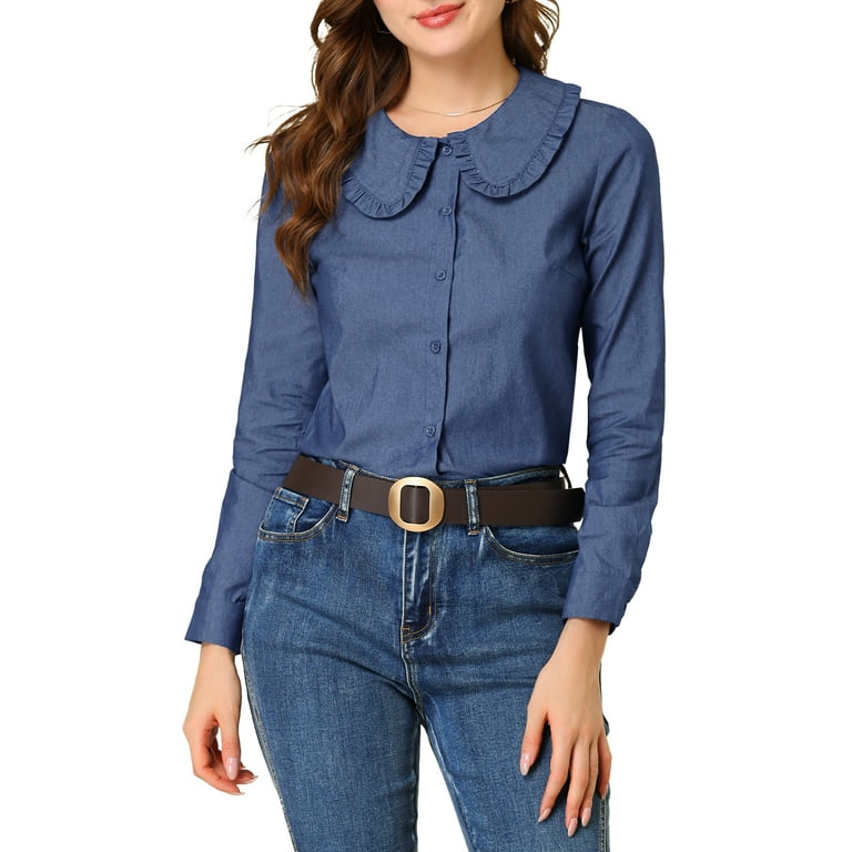Unique Bargains Women s Peter Pan Collar Jean Ruffled Button Down