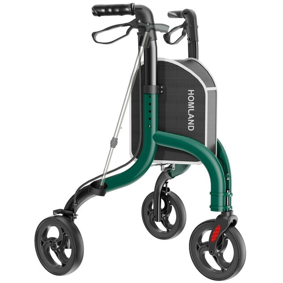 Andador de 3 ruedas HOMLAND para personas mayores, plegable, apto para FSA/HSA, con soporte para bastón y vaso, ligero y ajustable en altura.