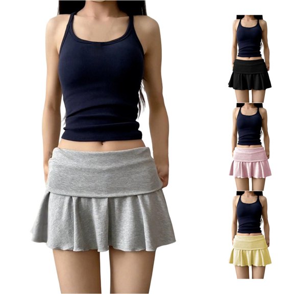 Wxolcjlv Women's Fold‑Over Mini Skirt Ruffled Flare Fit Stretchy Waist Skirts