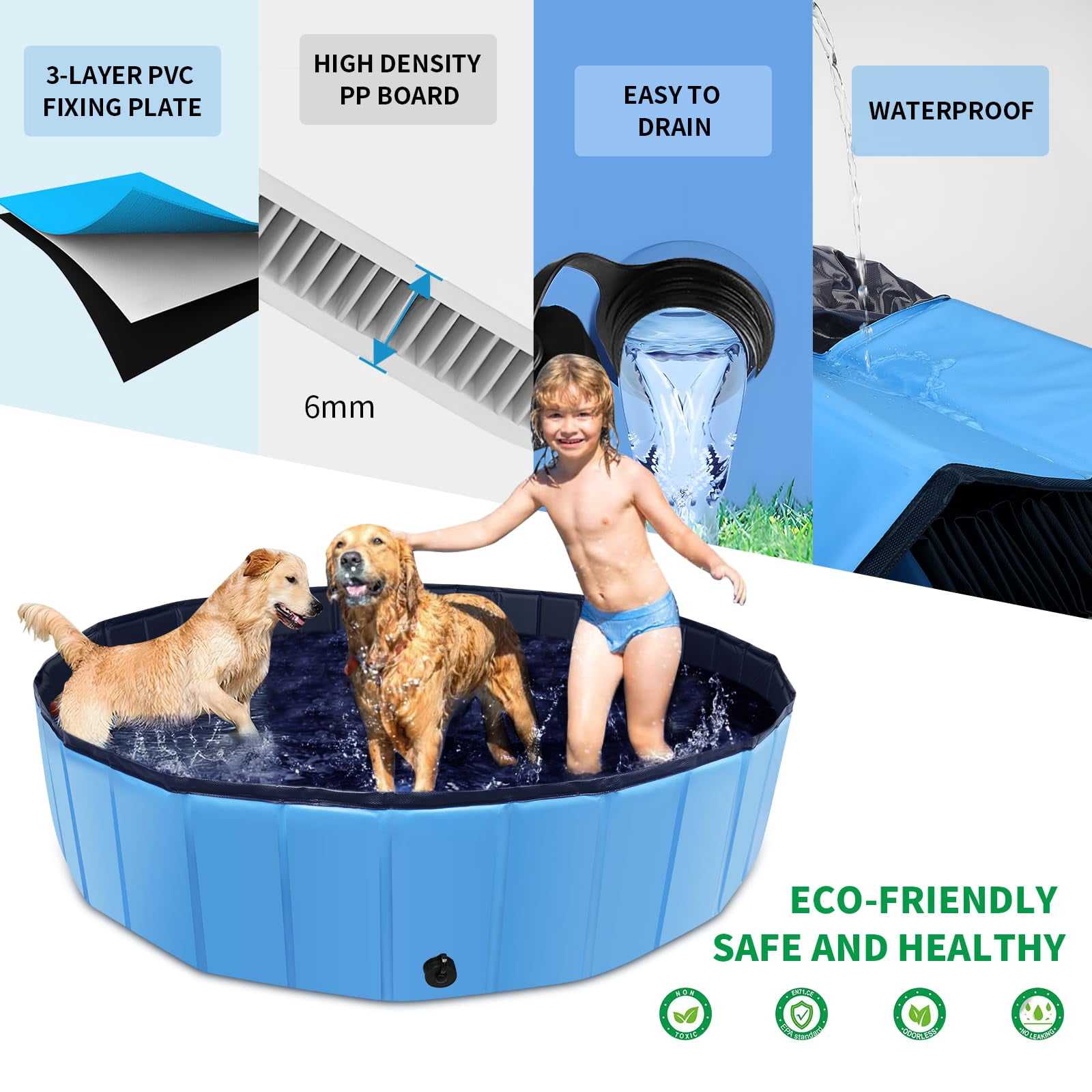 Foldable Dog Pool for Large Dogs & Kids, Collapsible Hard Plastic Kiddie Pool Non-Slip Pet Bath Tub for Outdoor Backyard, Blue