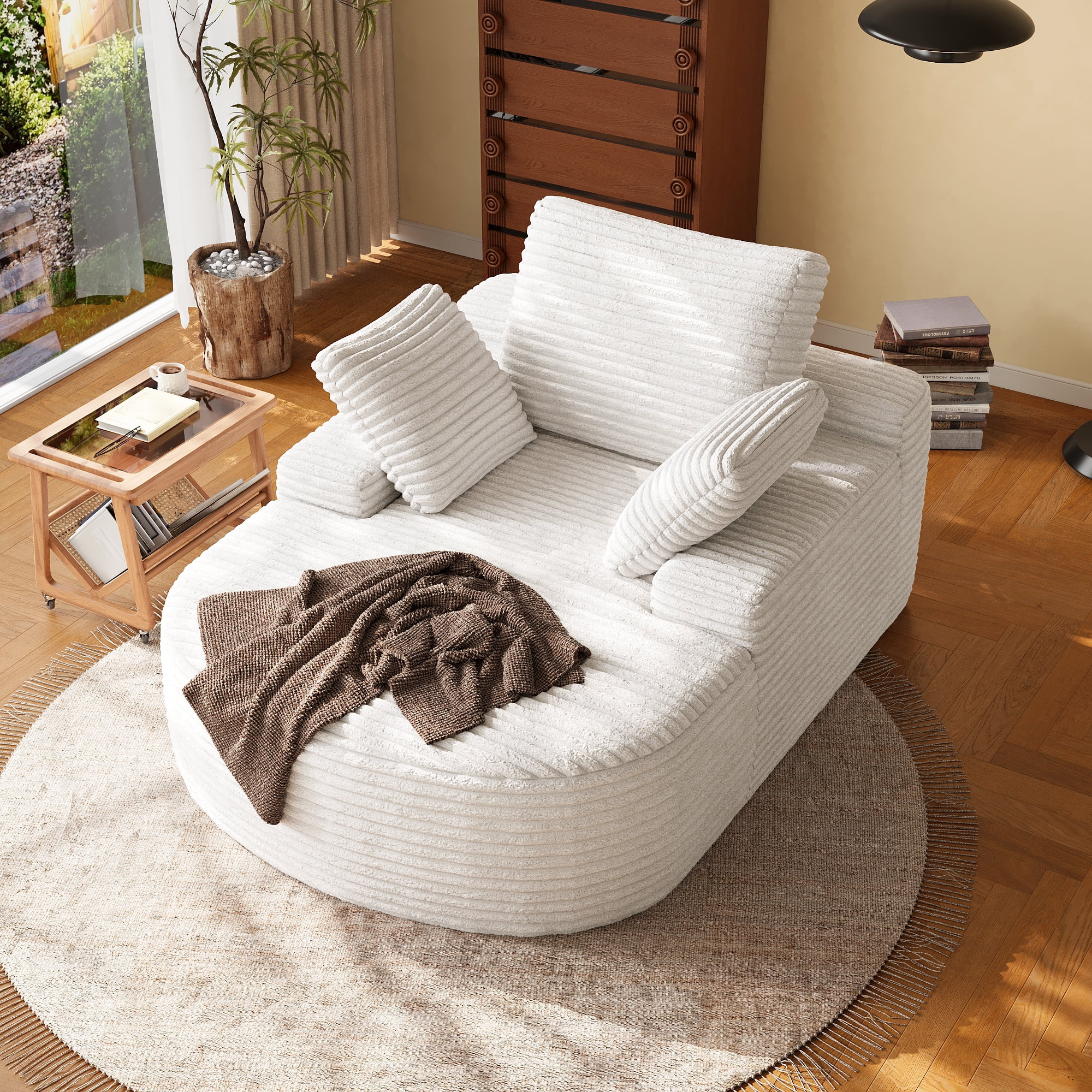 Magic Home Oversized Chaise Lounge Chair Indoor, Modern Deep Seat Sofa with Back Cushion, Pillows, Cloud Plush Corduroy Upholstered Sofa Bed, for Living Room,Bedroom,No Assembly Required, Beige Couch