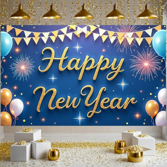 Gold Lettering Happy New Year Banner Blue Background New Year Banner Firework Design Balloon Decoration Celebration Banner for New Year Party Home Celebration Indoor Decoration