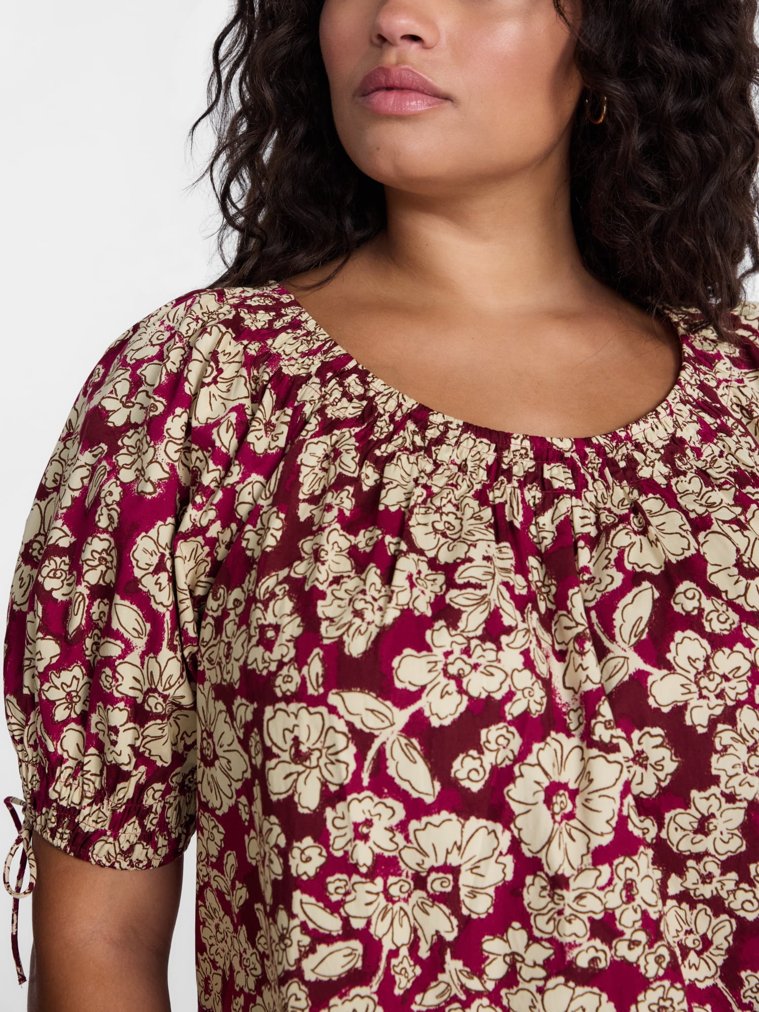 Terra & Sky Women's Plus Scoop Neck Top with Short Tie Puff Sleeves, Sizes 0X-5X