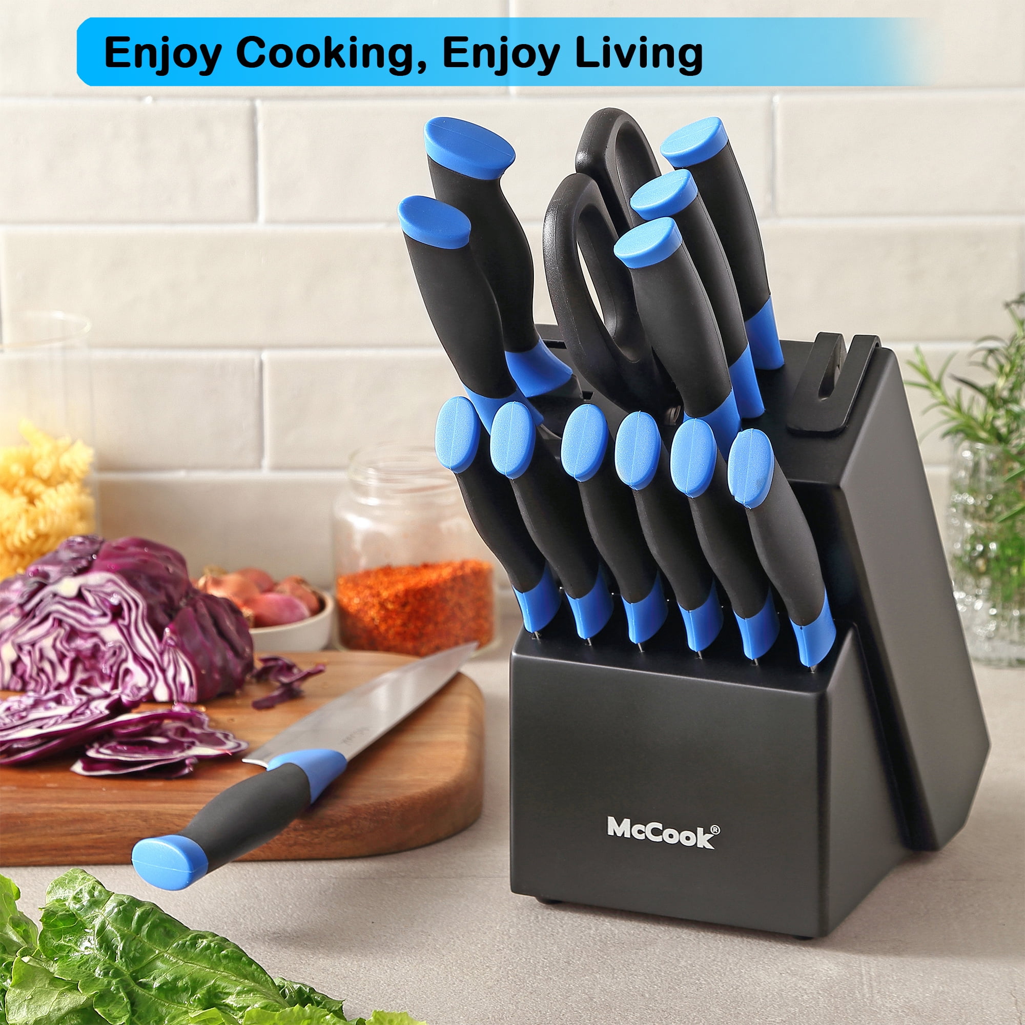 McCook Knife Set For Home, Ultra- Sharp Cutlery Knife Set with Steel Blades for Precise Cutting,Lightweight, Stainless Steel Knife Set with Built-in Knife Sharpener,Measuring Cups and Spoons,24PCS