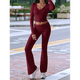 thumbnail image 4 of Conjunto Deportivo de 2 Piezas para Mujer, Camiseta de Larga, Pantalones Acampanados, Chándal Informal, Color Vino Tinto, Talla XS, 4 of 8
