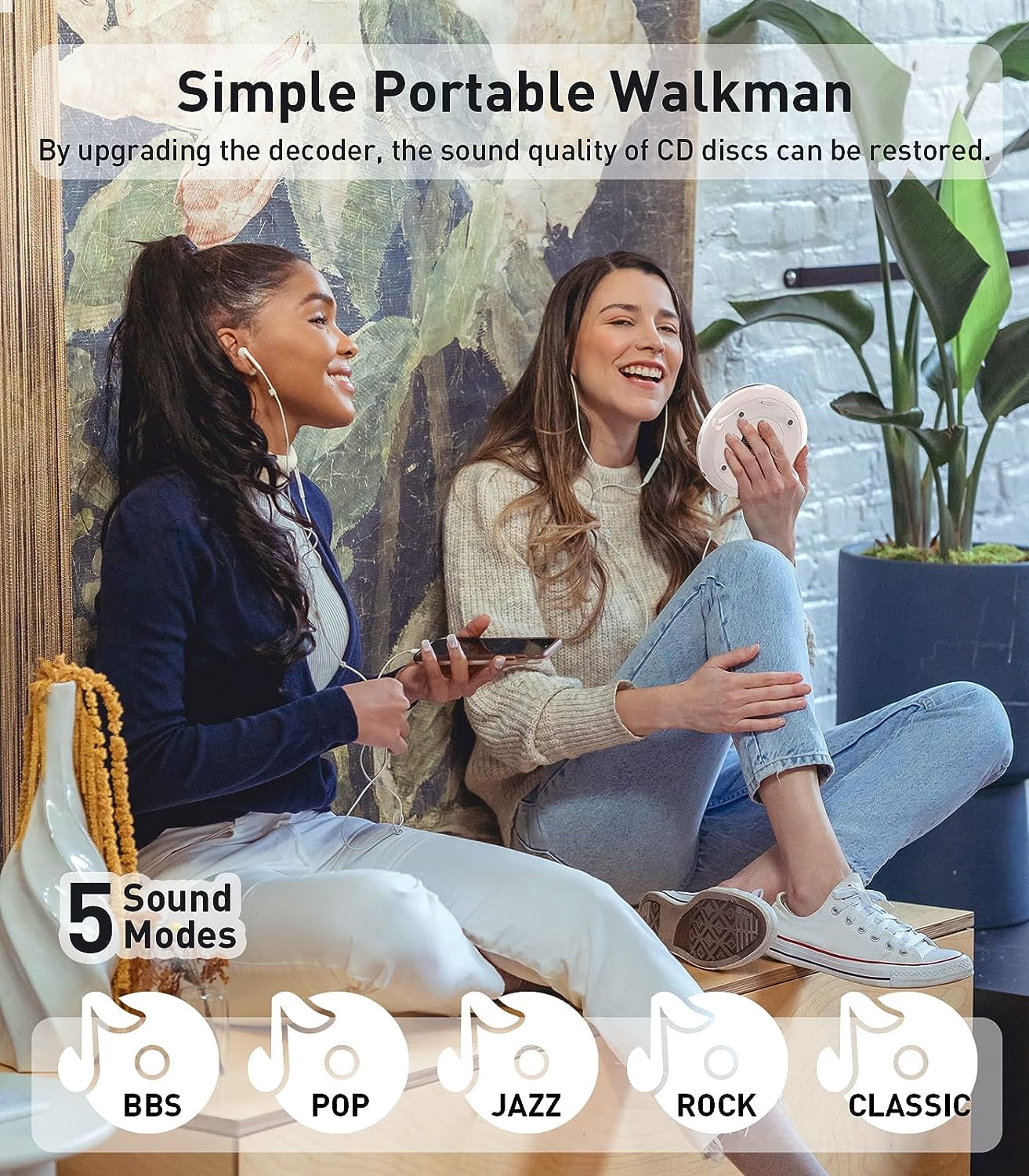 Portable CD Player, Personal Compact Music CD Walkman with Headphones, Anti-Skip and Shockproof for Home,Travel,Car, Small Discman CD Player for Kids/Students/Seniors-White