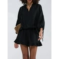 thumbnail image 3 of Women'S Shorts Set, Two-Piece, Long-Sleeved Tie-Dress Top and Ruffled Boxer Shorts, Matching Casual Set Black S, 3 of 7