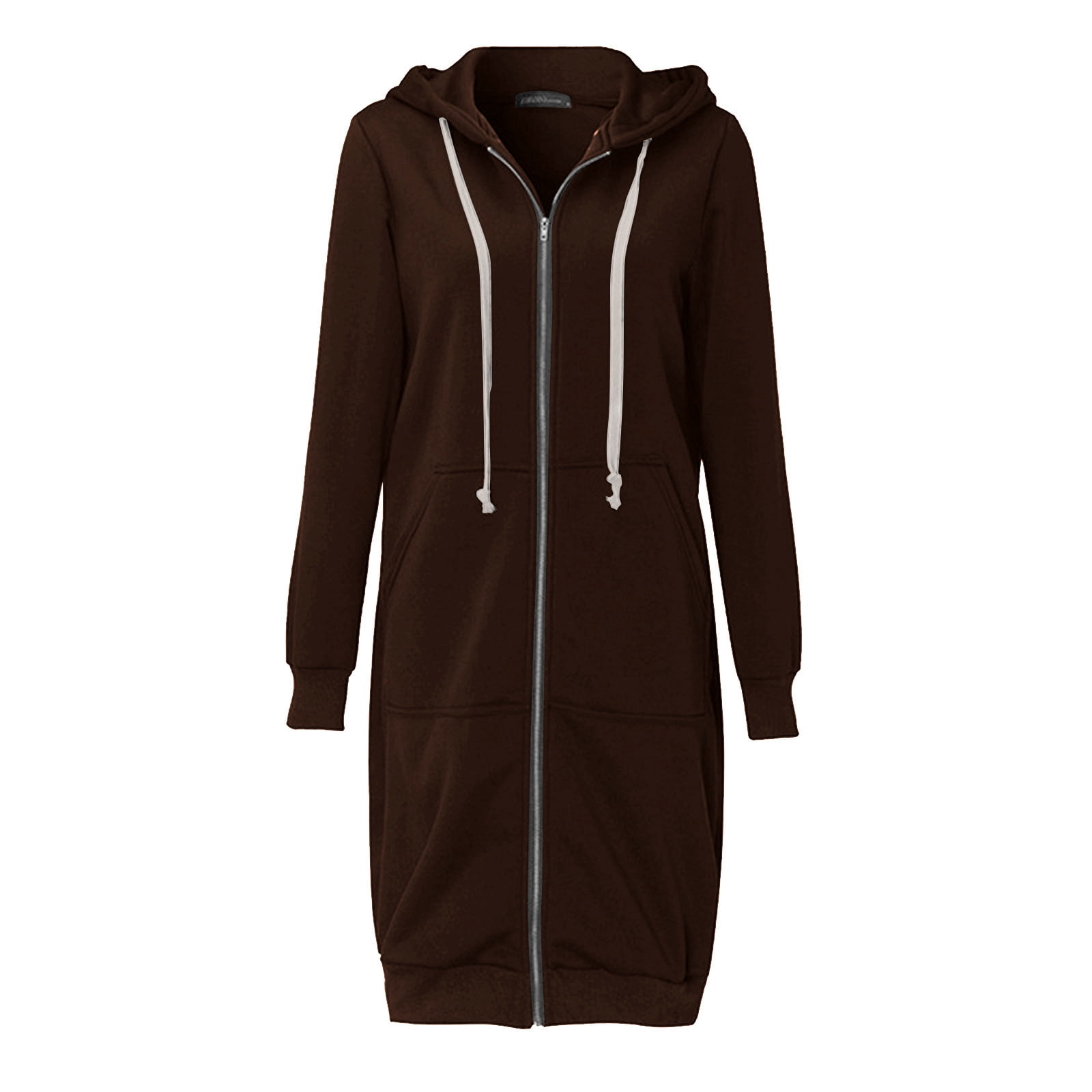 Scyoekwg Long Coats for Women Overcoat Long Sleeve Hooded Neck Coat Solid Color Casual Jacket Plus Fleece Insert Pocket Hooded Zipper Mid Length Sweater Coffee S