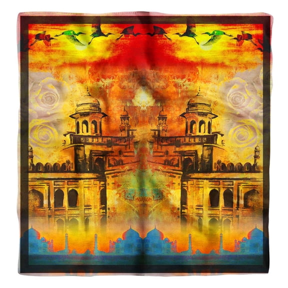 Phagun Yellow Mughal Monuments Print Pure Silk Square Scarf Neck Wrap Summer Hair Bandanas For Women