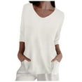 thumbnail image 1 of Women Spring Casual Three Quarter Sleeve Solid V Neck Loose Pullover Knit Fall Sweater Top, 1 of 5
