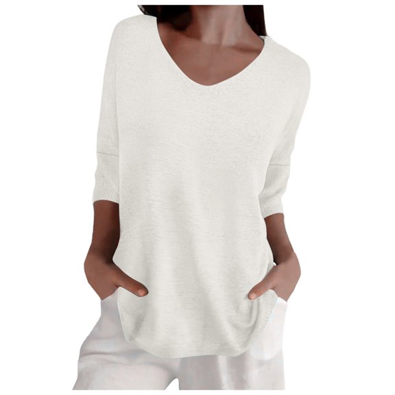 Krdevn Women Spring Casual 3/4 Sleeve Solid Color V Neck Loose Pullover Knit Fall Sweaters Tops,Women's Tops, Tees & Blouses,Size:M
