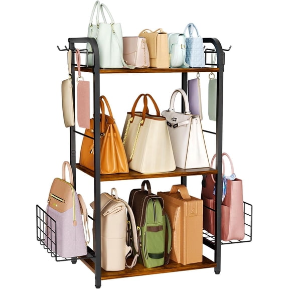 Huxidaja 3-Tier Purse Rack, Floor-Standing Iron & Wood Bag Organizer with Hooks & Baskets, Large Capacity Closet Storage Shelf, Rustic Brown