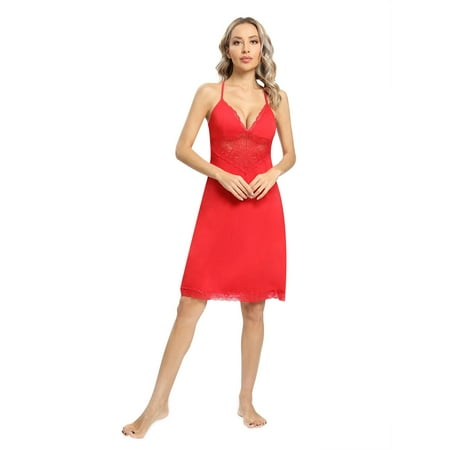 WBQ Sleepwear Sexy Lingerie Nightgown Lace Chemise Satin Slip Silk Negligee Nightie Bridal Babydoll for Women Red S-2XL