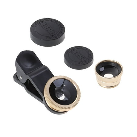 Universal Portable Cell Phone Camera Lens Super Wide Angle Lens Macro Lens and Fisheye Lens Clip on 3 in 1 Mobile Phone Lens for iPhone 6S/7/8/X (Golden)