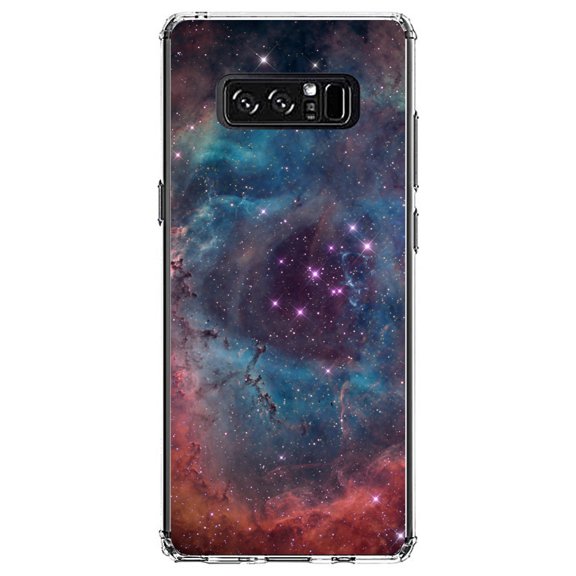 DistinctInk Clear Shockproof Hybrid Case for Samsung Galaxy Note 8 - TPU Bumper, Acrylic Back, Tempered Glass Screen Protector - Purple Blue Pink Rosette Nebula - Astronomy