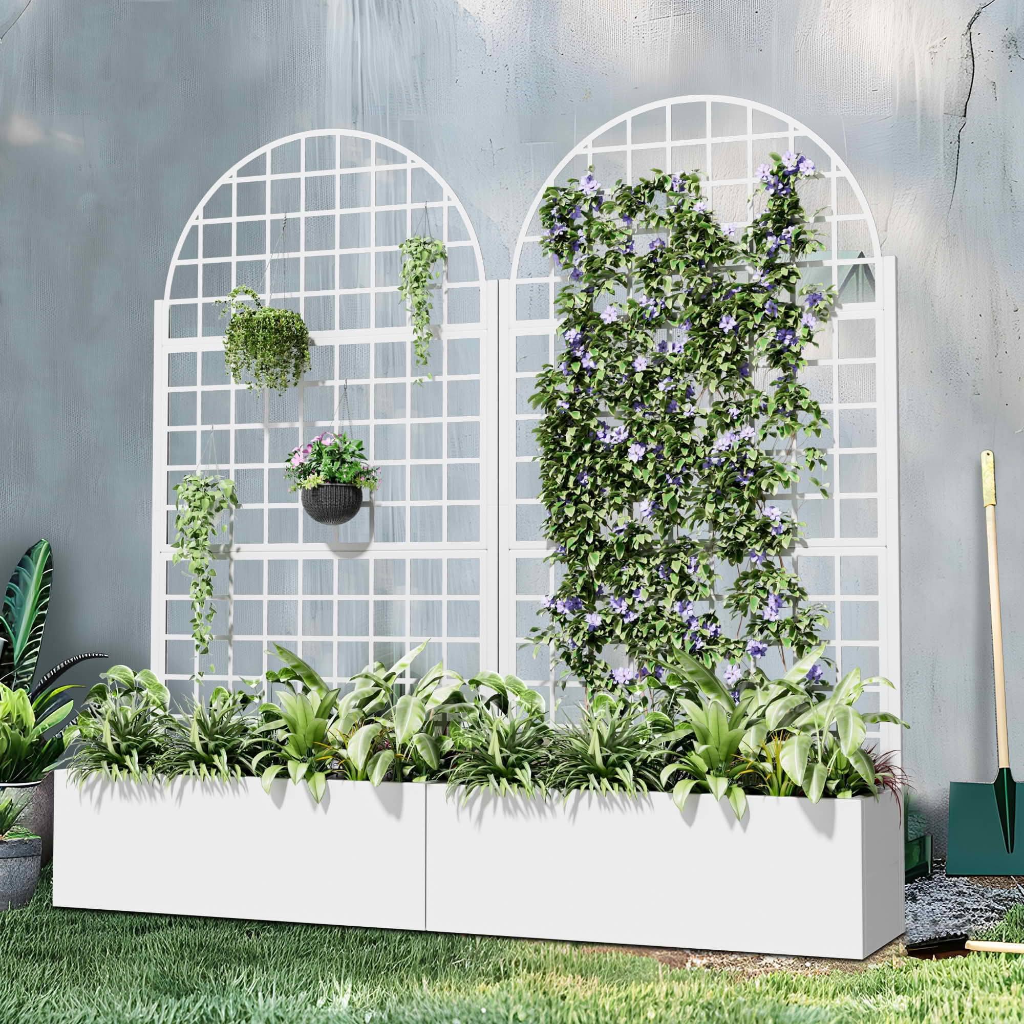 MAYEERTY 72x35x16 Inch White Metal Arched Planter Box with Trellis, 3 Piece Set for Outdoor Garden & Patio