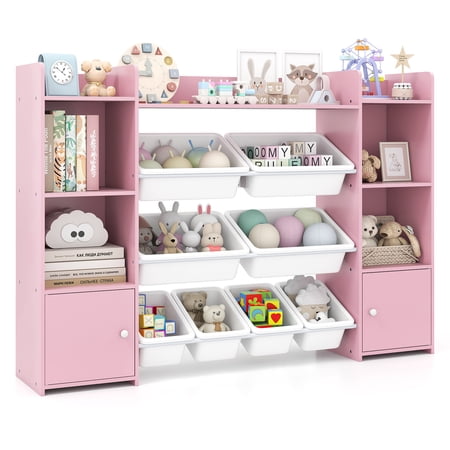 Topbuy 56 Large Toy Storage Organizer 4-Tier Kids Cubby Shelf with 8 Removable Bins and Bookshelf Pink