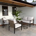 thumbnail image 3 of COOS BAY Sand Dune 5-piece Light Brown Wicker Outdoor Patio Conversation Set with Wood Grain Top Nesting Coffee Tables and Beige Cushions, 3 of 9