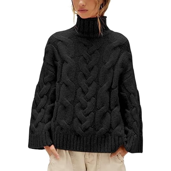 Czanzd Women's Cable Knit Turtleneck Sweater, Oversized Loose Pullover, Black, Size M