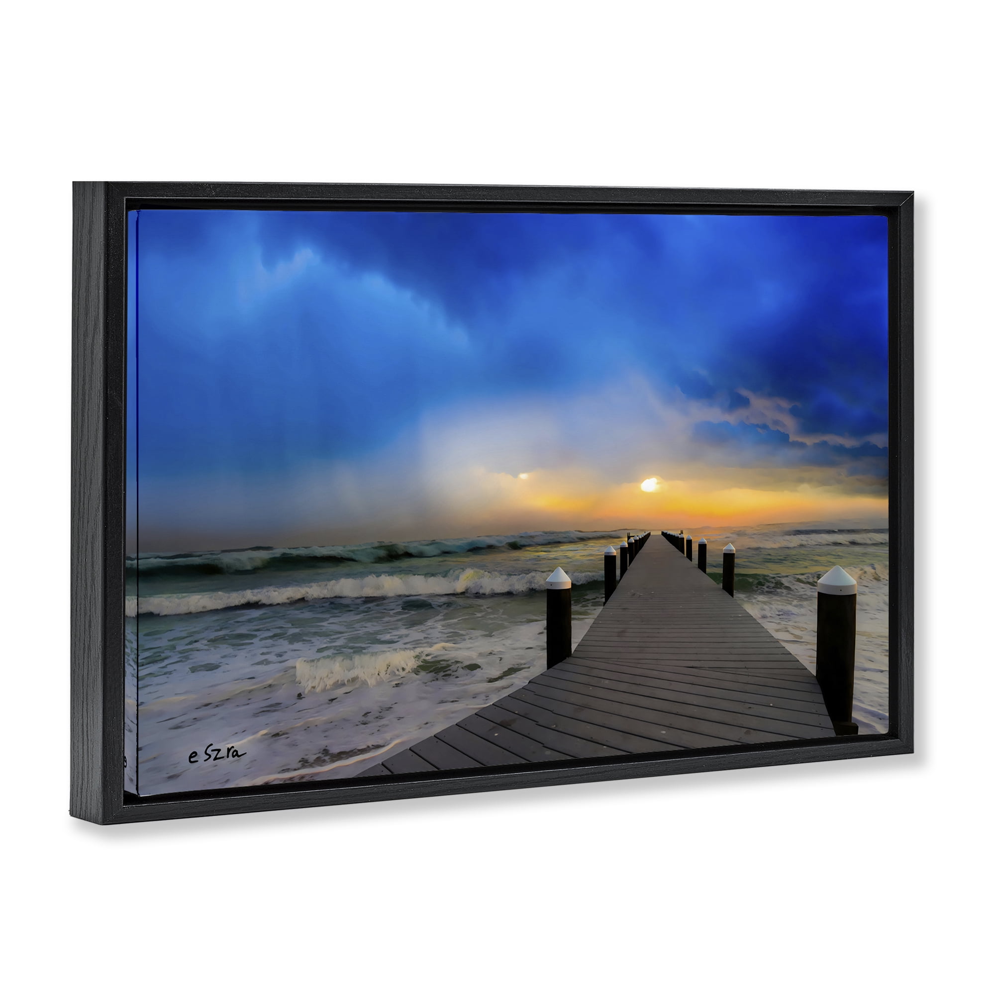 Stupell Industries Sun Breaking Over Sea Pier Black Framed Floater Canvas Wall Art, design by Eszra Tanner