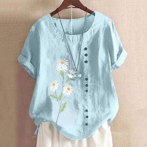 Pntutb Mujer Verano Casual Cuello Redondo Manga Corta Impreso Camisa Suelta Tops Blusa Pntutb Pntutb-619