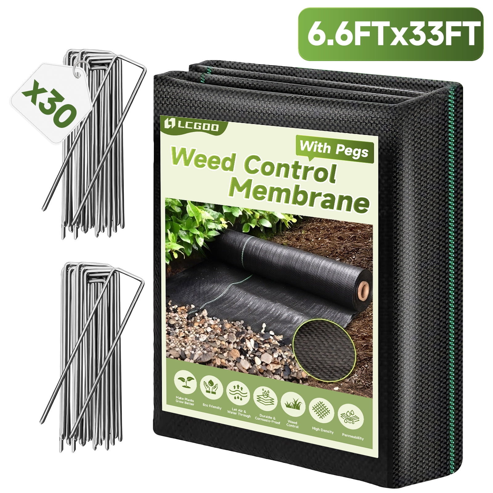 Lcogd 6.6x33ft High-Permeability Weed Barrier Fabric with 30 Ground Nails, Heavy Duty Landscape Fabric for Gardens, Lawns & Landscaping