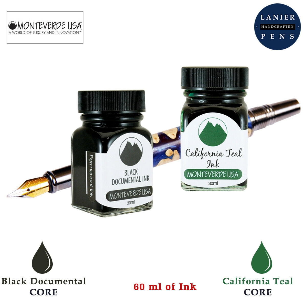 Monteverde 60ml Core Fountain Pen Ink Bottle (30ml Black Documental Ink Bottle G309DB, 30ml California Teal Ink Bottle G309CT)