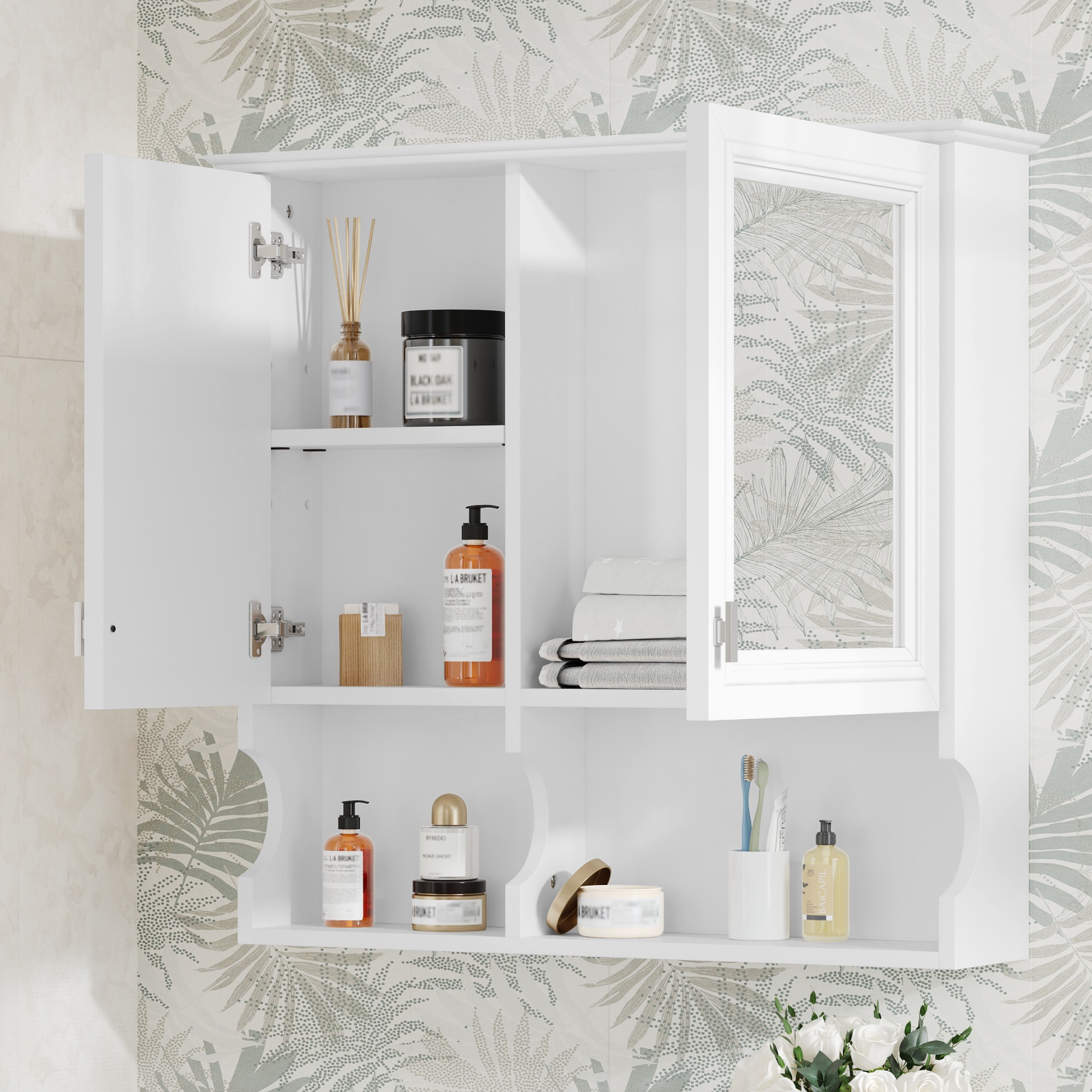 Euroco 30 Inch Mirror Medicine Cabinet with Open Shelves, Wall Mounted Home Storage with Doors & Mirror, Adjustable Shelf, Bathroom Storage Cabinet over Toilet