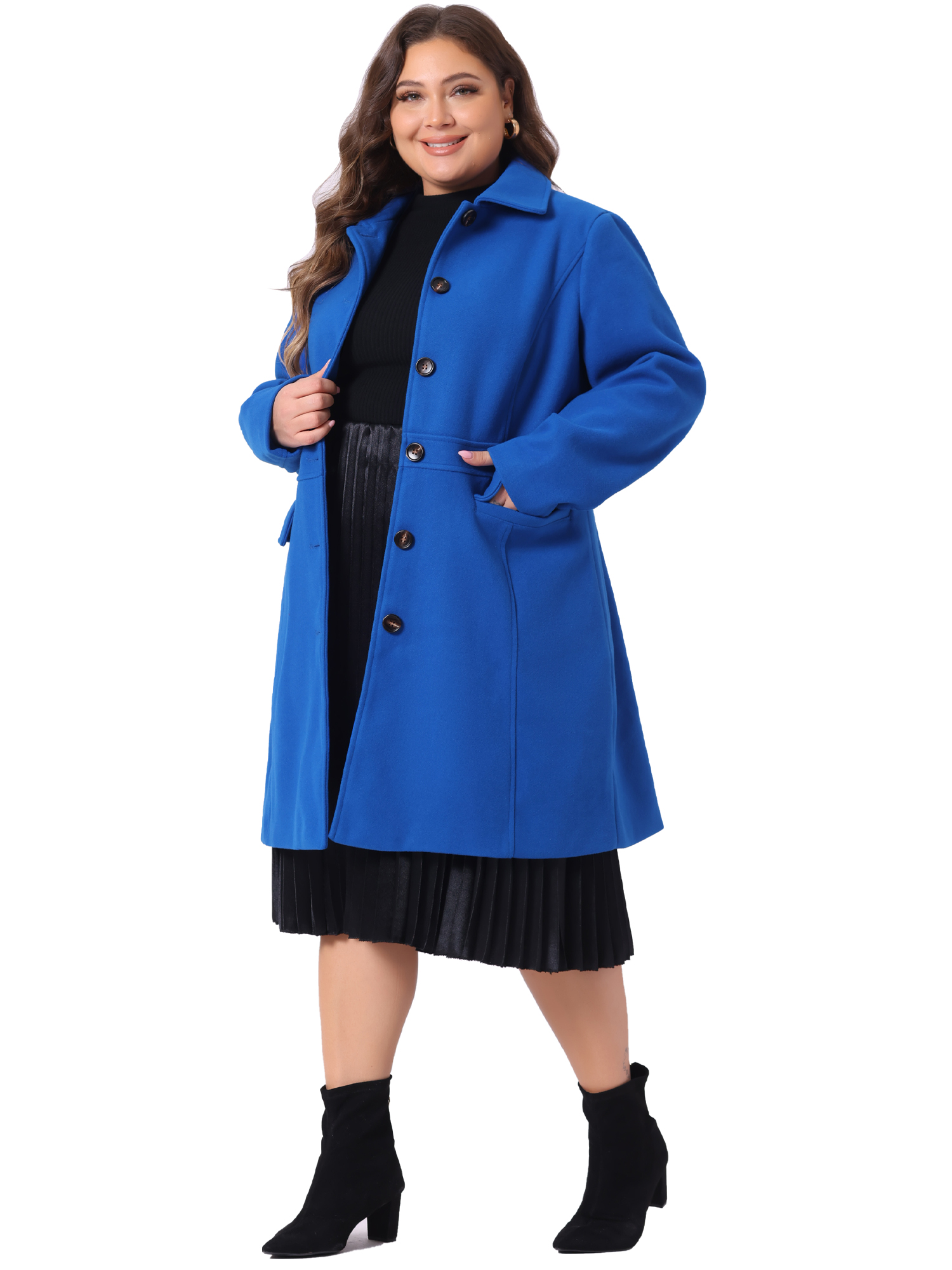 DARING DIVA Women's Plus Size Peter Pan Collar Single Breasted Coat 1X Royal Blue