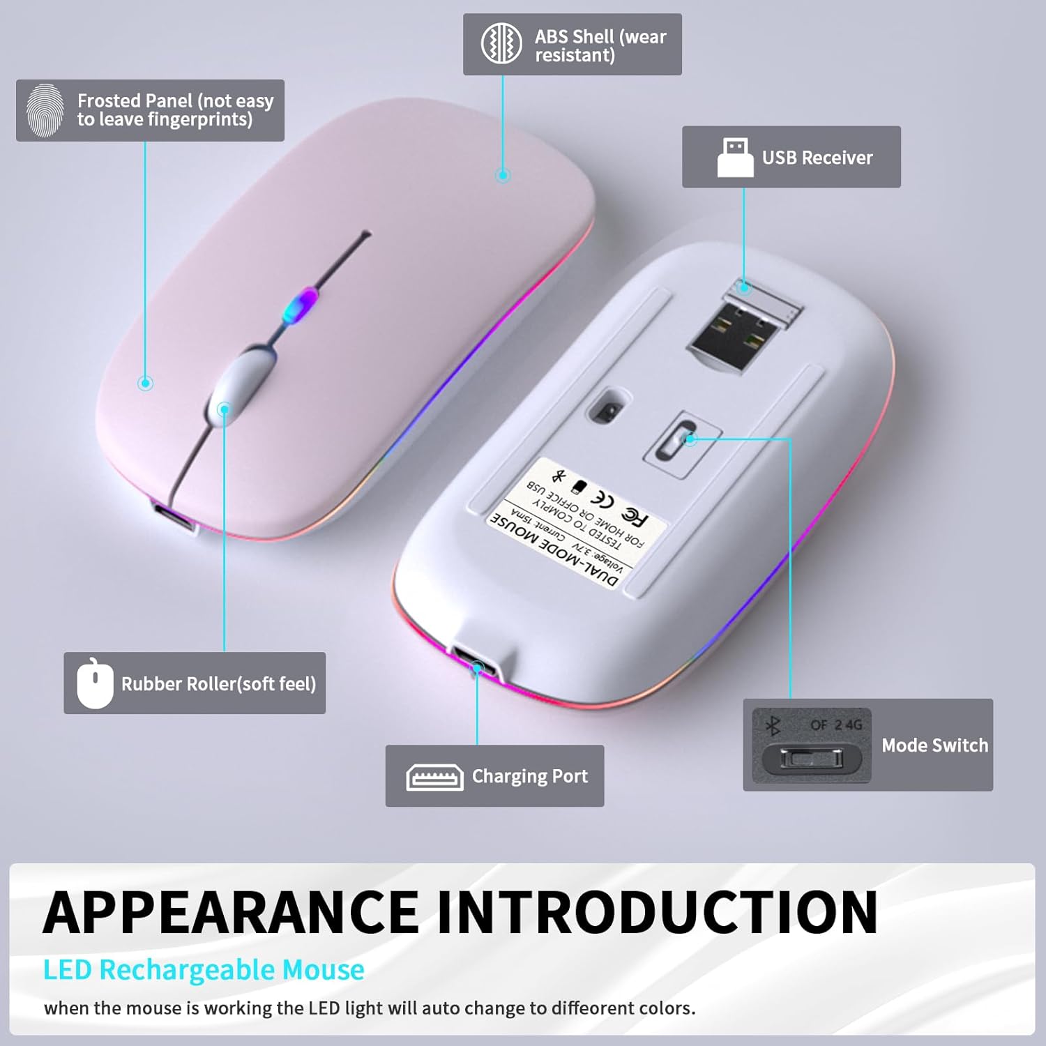 Wireless Bluetooth Mouse – Rechargeable, Silent, Dual Mode (Bluetooth 5.2 & USB) with LED Lights – Portable for Laptop, Desktop, & Tablet(Black)