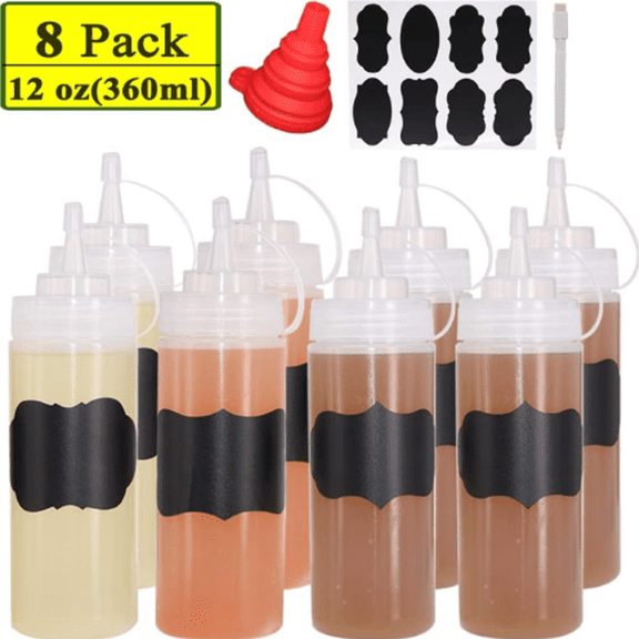 8 Pack 12 oz Plastic Squeeze Squirt Condiment Bottles with Cap Lids - Perfect for Condiments, Oil, Icing, Liquids, with extra 1 Silicone Funnel