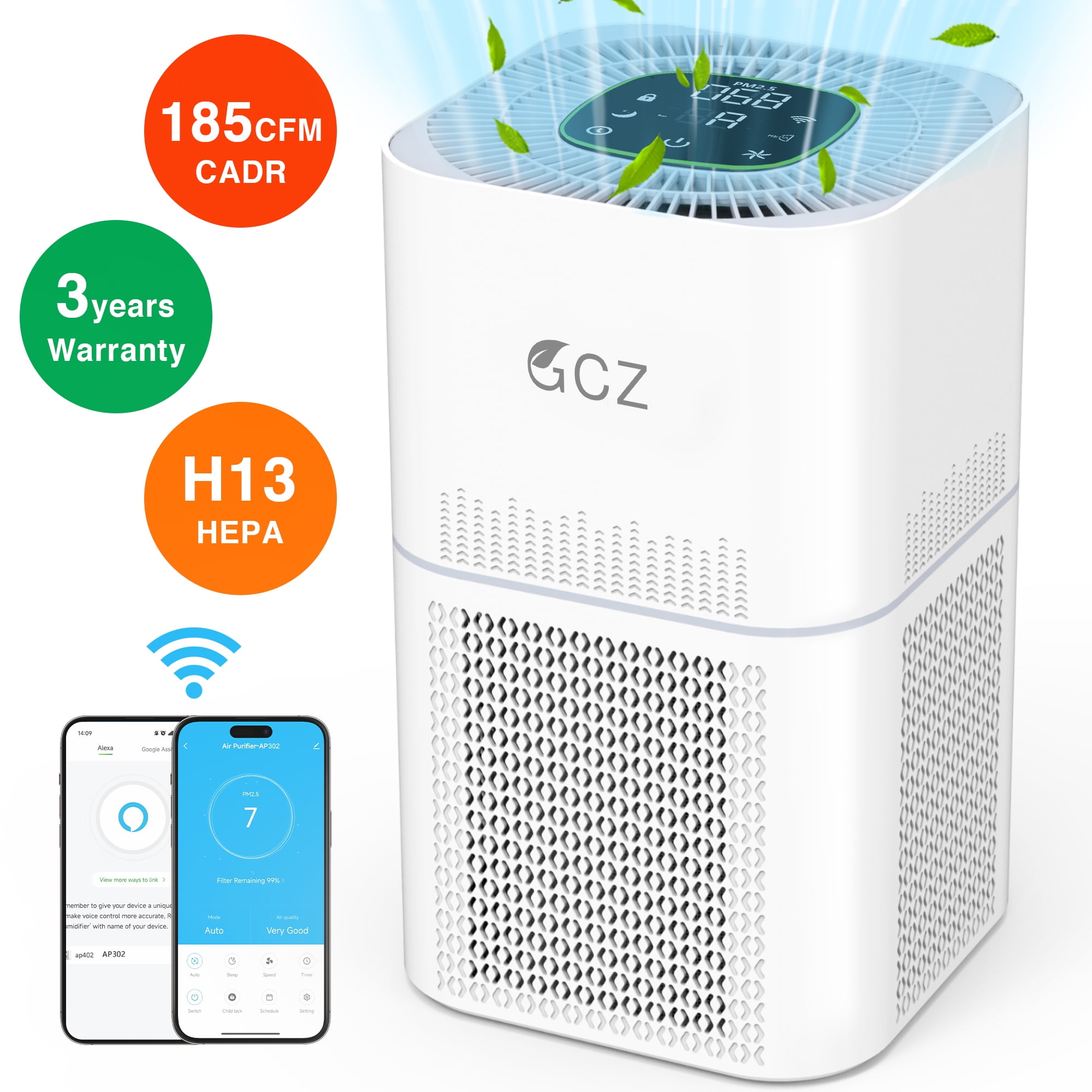 Airfire Air Purifier for Large Rooms up to 1850 Sq Ft, Smart WiFi Air Purifier with H13 True HEPA Filter, Ideal for Smoke, Dust, Pets & Allergies