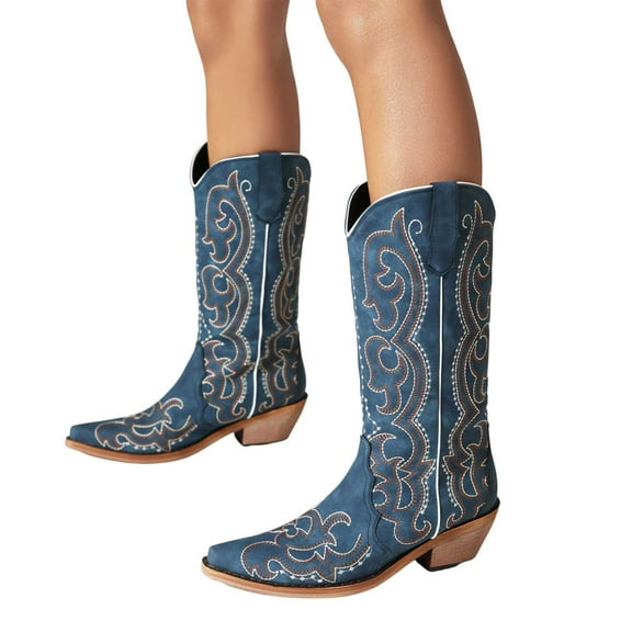 Western Cowboy Boots for Women Casual Blue Embroidered Extra Wide Mid Calf Cowgirl Boots Winter Fall Chunky Low Heel Tall Boots 2025