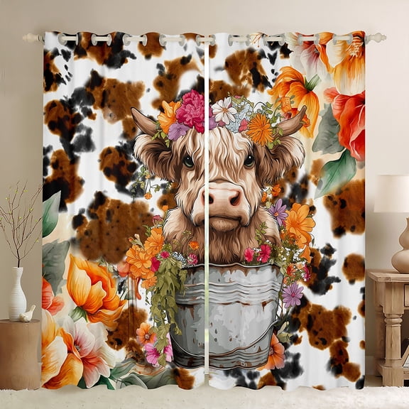 Manfei Farm Highland Cattle Blackout Curtains Set of 2 (52x84 Each),Farmhouse Cowhide Window Curtains,Rustic Flower Floral Curtains and Drapes For Children,Super Cozy Room Decor