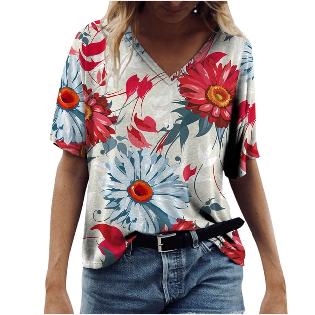 Pompotops Chemises pour Femmes Été Tournesol Floral Imprimé Graphique Manches Courtes Col en V Ample t-Shirts Graphiques Floraux Hauts Mode Décontractée t-Shirt