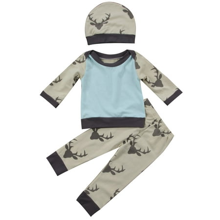 

MERSARIPHY Baby Long Sleeve Deer Head Printed Envelope Neckline Top Long Elastic Band Pants Beanie Hat Set