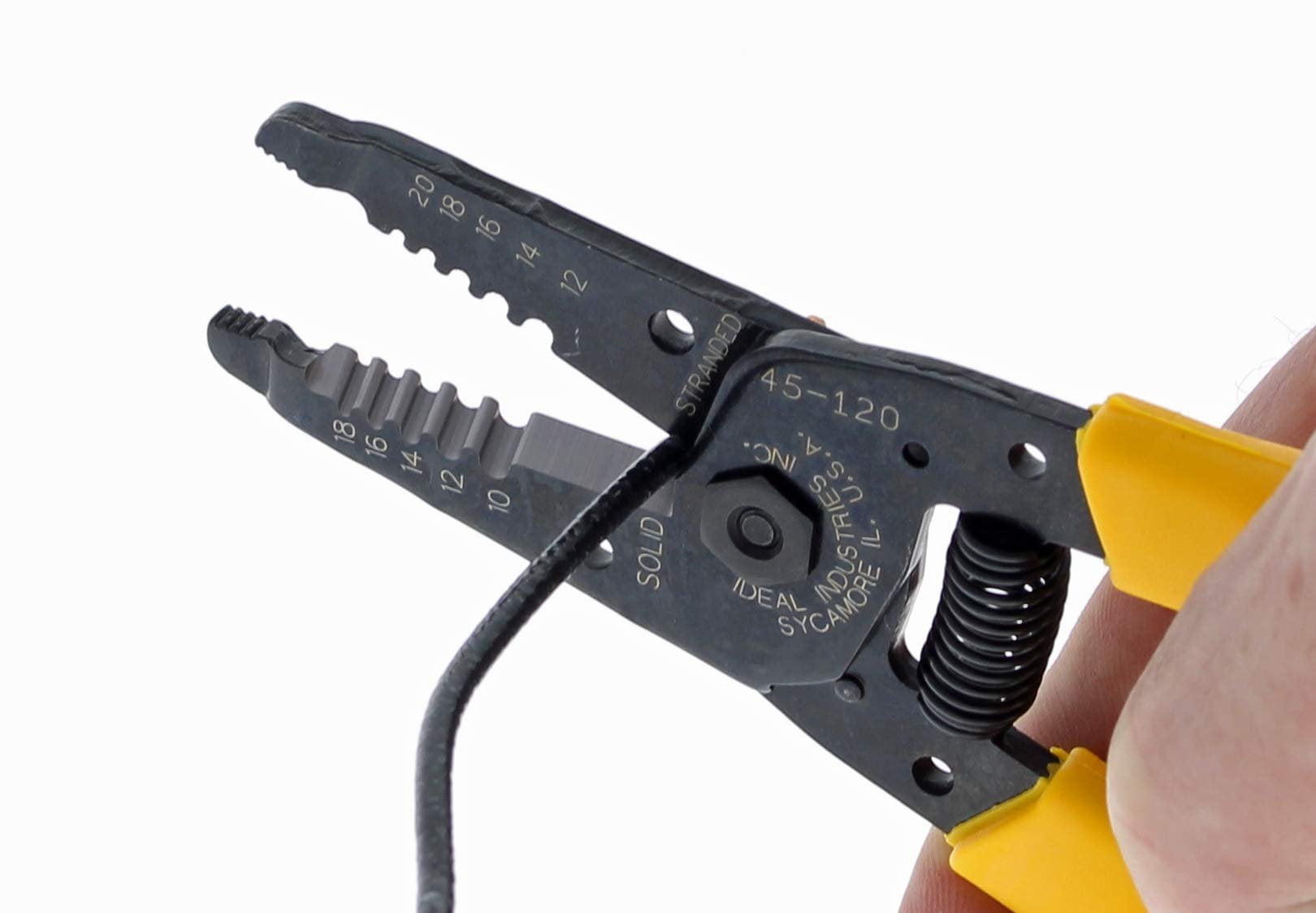 IDEAL Electrical 45-120 T-5 T-Stripper - 10-20 AWG, Yellow Wire Stripper with Looping Holes, Plier Nose, Spring Loaded Automatic Opening,Black