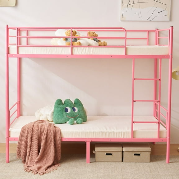 Ktaxon Metal Twin over Twin Bunk Bed with Ladder and Guardrails, Pink