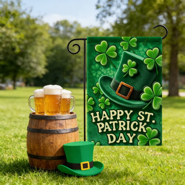 Decoraciones para el Día de San Patricio, Accesorios para el Día de San Patricio, Regalos para el Día de San Patricio. Bandera de jardín de doble cara con diseño de "Feliz Día de San Patricio", bander