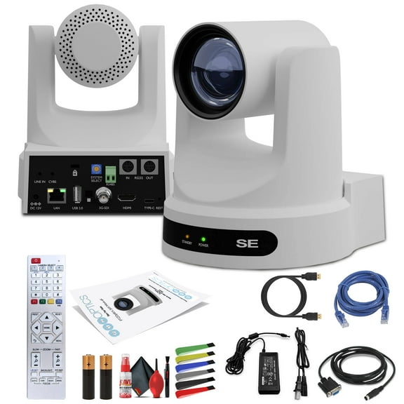 PTZOptics Move SE SDI/HDMI/USB/IP PTZ Camera with 12x Optical Zoom (White)   Lens Cleaning Kit   Cables and More