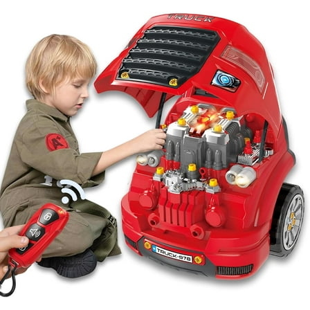 OLEOCA Large Truck Engine Toy — Interactive Steering Wheel, Engine Building Kit & Kids Mechanic Tool Set with Light & Sound – 56 PCS Take Apart Toys for Boys Ages 3 