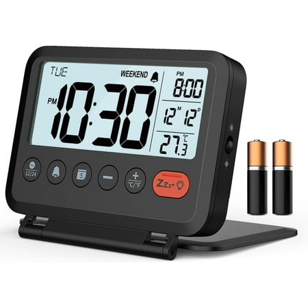 Digital Travel Alarm Clock, Black, 3 . 54 inch LCD Display, 9 Minute Snooze, 2 Volume Levels image