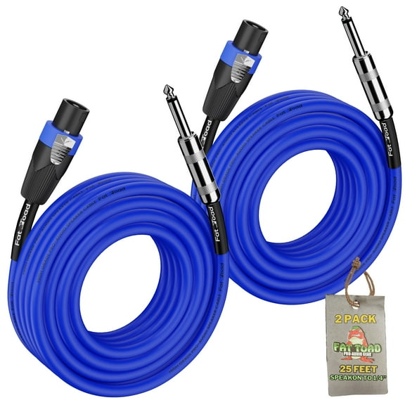 Speakon to 1/4" Male Cables (2 Pack) by Fat Toad 25 ft Professional Pro Audio Blue DJ Speaker PA Cord with Twist Lock Connector 12 AWG Wire for Impeccable Studio Recording & Stage Performance Gear