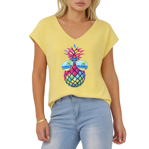 Giffimy Women's Rainbow Pineapple with Sunglasses V-Neck Sleeveless T-Shirt S-5XL Soft Casual Tank Top