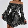 thumbnail image 1 of CEHVOM Women Off TheShoulder Ruffle Printing Long Sleeve Draw Back Skirt Bud Dress, 1 of 5