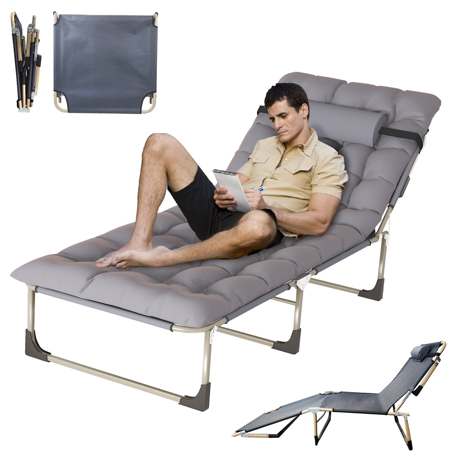 JSTUOKE 5-Fold Camping cot for Adults & Kids, Adjustable Folding Bed Reclining Folding Lounge Chairs with Pillow and Pearl cotton pad, Portable Intdoor Folding Sleeping Cots Bed
