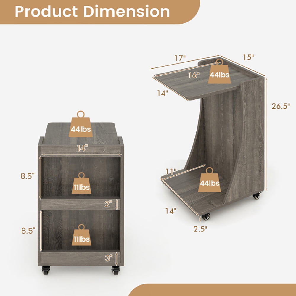 Finihen End Table, C-shaped Rolling End Side with Back Storage Shelves beside Sofa, Sofa Side Table, Bed Side Table, for Living Room, Bedroom, Gray Finihen End Table, C-shaped Rolling End Side with Back Storage Shelves beside Sofa, Sofa Side Table, Bed Side Table, for Living Room, Bedroom, Gray